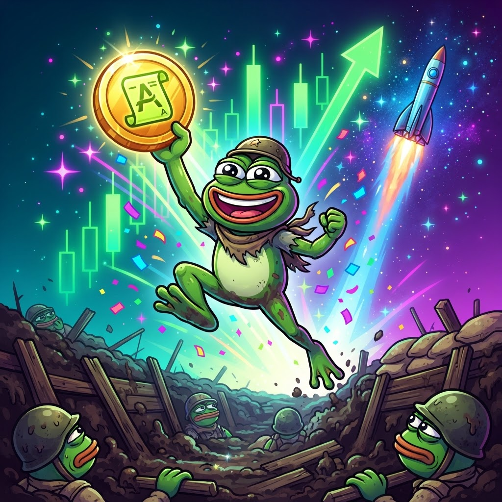Frog leaping out of the trenches holding a glowing alpha coin, rocket and green chart behind